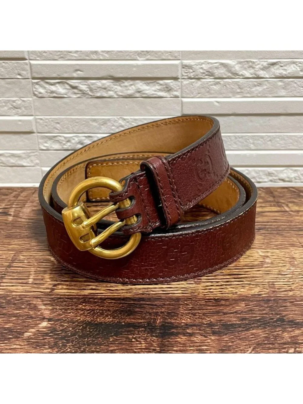 Gucci GG Guccissima Buckle Belt Gold Leather Bordeaux